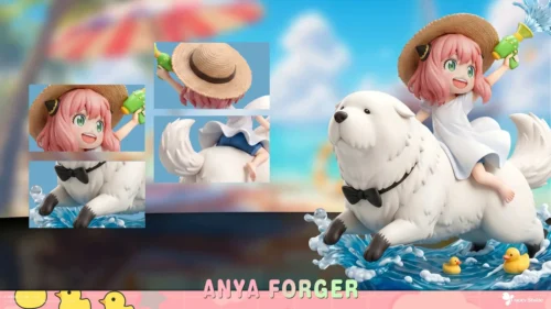 "Anya Forger playfully rides Bond Forger in this SPY x FAMILY resin statue. Detailed view of the dynamic water play and vibrant summer adventure."