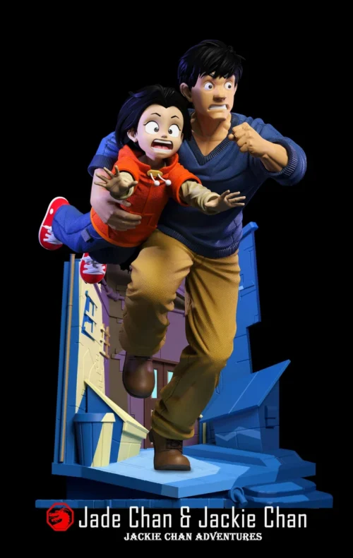 "Dynamic gallery views of the extremely limited Jackie Chan Adventures Jackie and Jade statue by Shendu Studio, capturing an iconic scene."