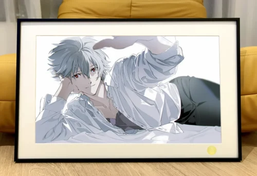 "Stunning premium limited edition art print featuring iconic, serene Kaworu Nagisa from Evangelion reclining under a cosmic starry sky."
