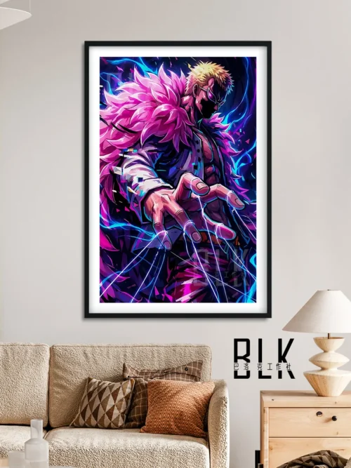"Premium Donquixote Doflamingo One Piece wall art showcased from multiple perspectives, emphasizing its stylized, dramatic design and ornate."