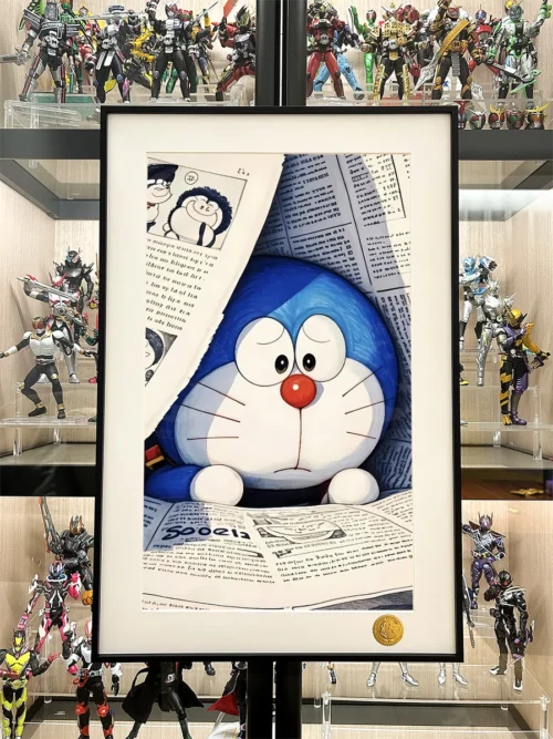 Limited Edition Doraemon Pop Art decorative painting details, showcasing dynamic starry sky and newspaper collage. A collector-grade art print.