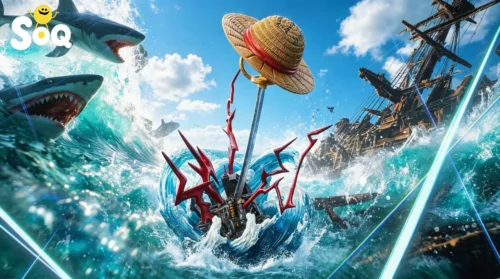 "Iconic Shanks's Gryphon Sword One Piece resin statue. Dynamic display with his straw hat, ocean waves, and mechanical wreckage."