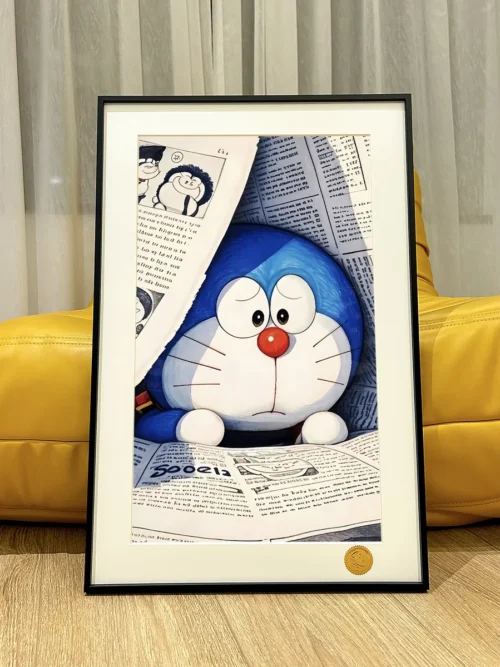 Doraemon Pop Art painting. Iconic characters in dynamic starry sky and newspaper collage style. A collector-grade art print.