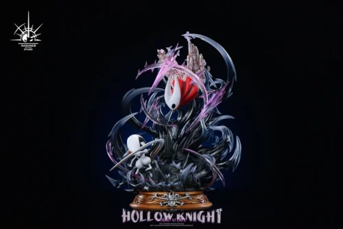 "Gallery of the dynamic Hollow Knight Hornet vs Lace resin statue, showcasing its LED-lit battle, intricate sculpture details, and various artistic."