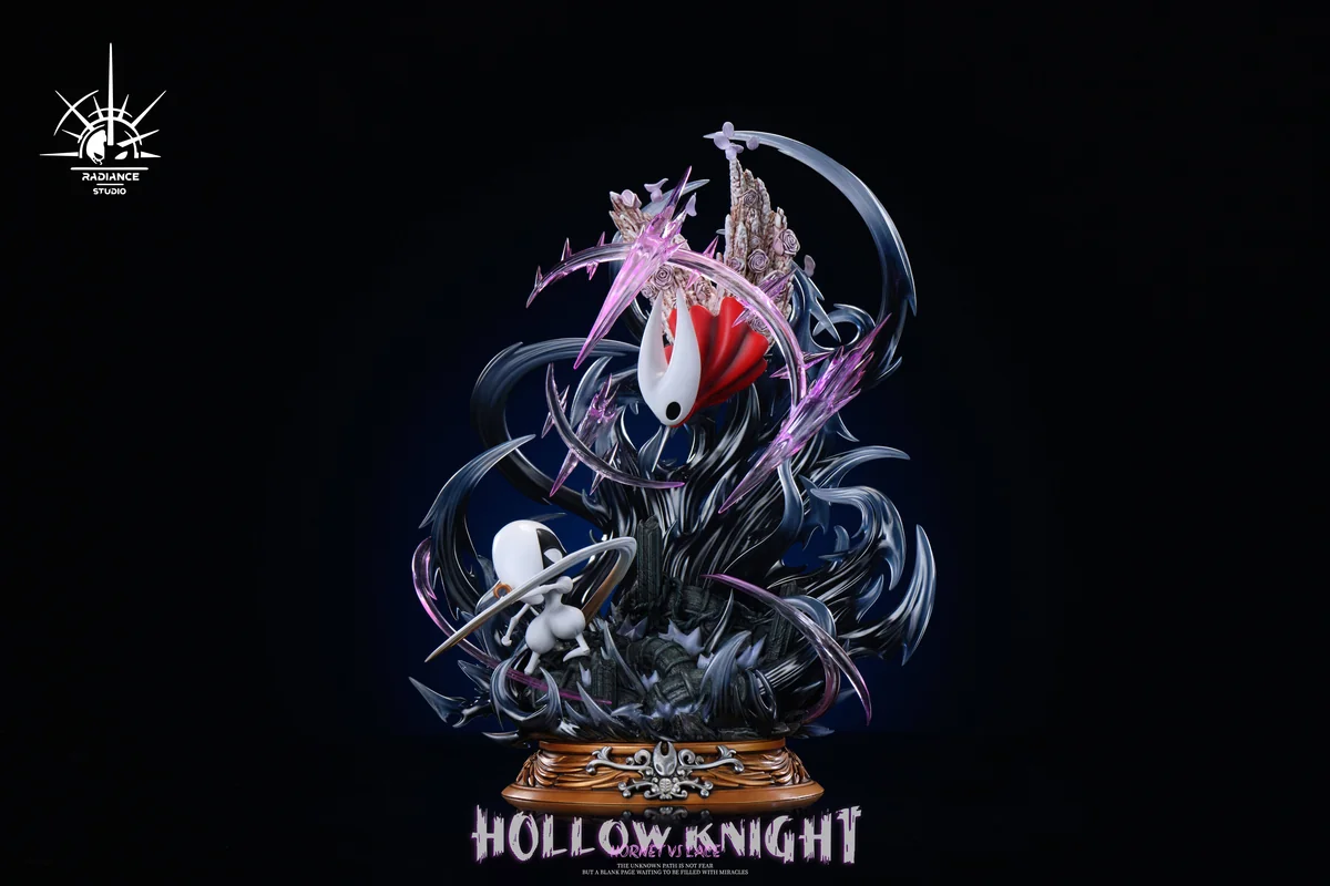 "Gallery of the dynamic Hollow Knight Hornet vs Lace resin statue, showcasing its LED-lit battle, intricate sculpture details, and various artistic."