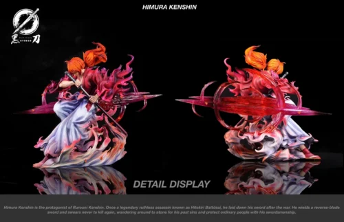 "Dynamic 1/6 Kenshin Himura Rurouni Kenshin resin statue by Black Blade Studio. Showcases powerful Iaido pose, dual head sculpts, and intricate detail."