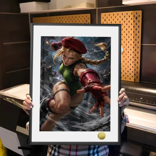 "Main image: Dynamic Street Fighter Cammy White fan art decorative painting by Huang Gua Studio, capturing her powerful pose with vibrant, action-pack