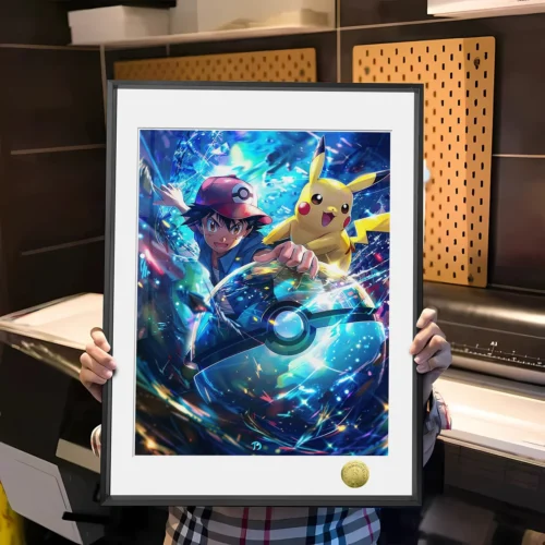 "Premium limited edition A3/4K Ash Pikachu Fantasy Adventure Pokémon art print, a vibrant, dynamic fan art masterpiece by Huang Gua Studio."