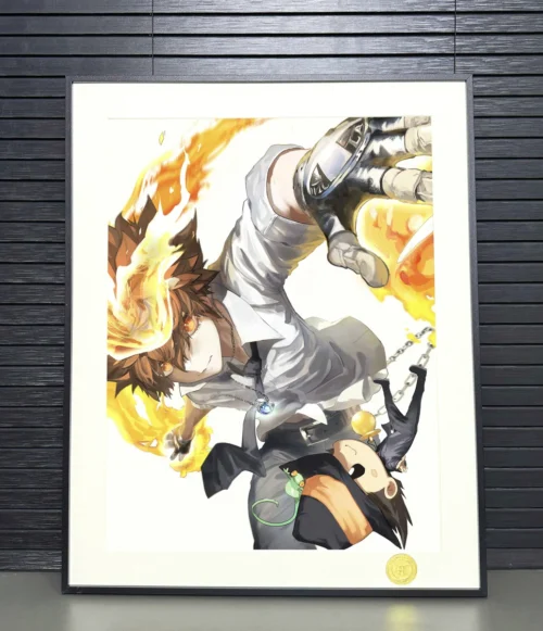 "Detailed view of the exclusive Tsuna & Reborn! fine art print, capturing the dynamic anime art. This decorative painting showcases its elegant frame."