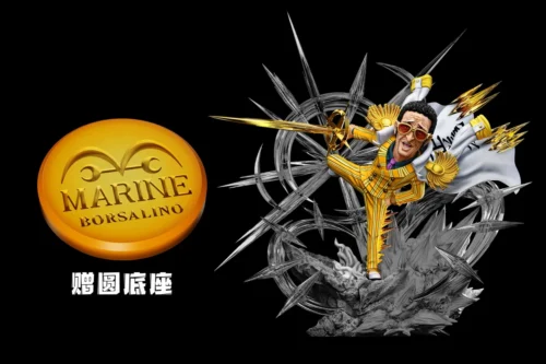"Dynamic Kizaru Borsalino One Piece A+ Studio statue gallery, showcasing intricate sculpting, powerful pose, and vibrant LED light effects."