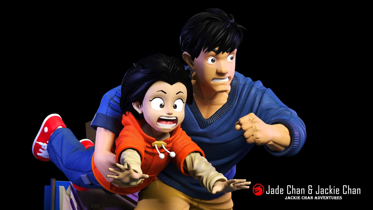 "Premium Jackie Chan & Jade Shendu Studio statue with dynamic sculpting, interchangeable parts for iconic scene recreations, extremely limited."