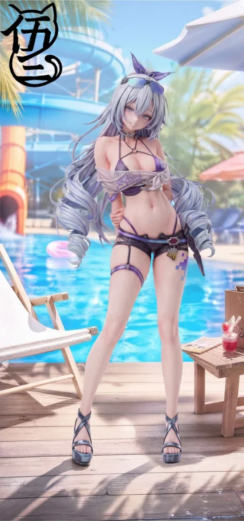 "Limited Edition 1/6 Honkai Star Rail Silver Wolf swimsuit figure: dynamic pose, vibrant anime aesthetic, and meticulous sculpture details from all an
