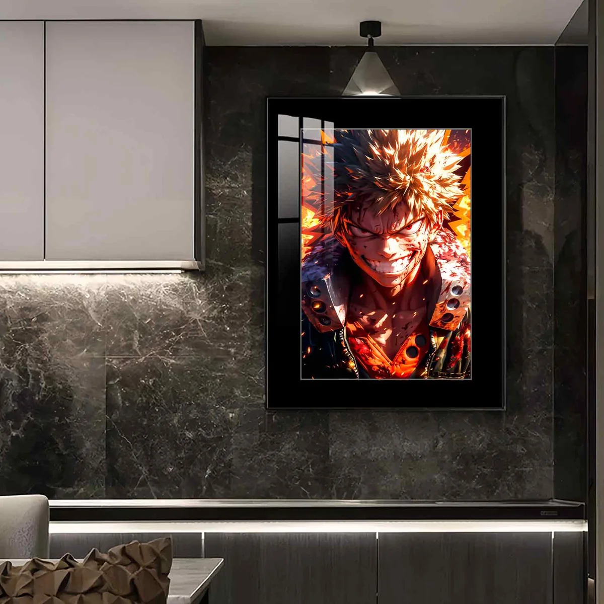 "Gallery of premium Bakugo wall art, My Hero Academia. Features vibrant, fade-resistant colors, explosive energy, and the elegant framed display."