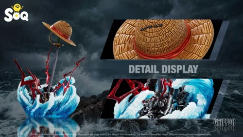"SOQ STUDIO's One Piece Shanks's Gryphon Sword resin statue, featuring its iconic dynamic display, intricate details, straw hat, ocean waves."