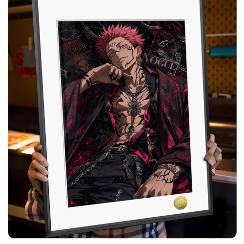 "Limited edition Jujutsu Kaisen art print of Yuji Itadori with fierce tiger. Views reveal vibrant colors, striking composition, hand-numbered framed."