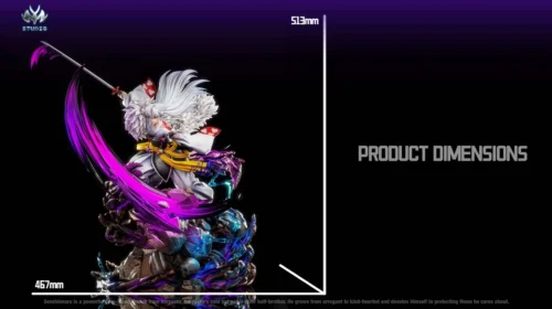 "Dynamic 1/6 Scale Limited Edition Sesshomaru Figure, showcasing his stoic expression and intricate traditional attire on an elemental rock base."