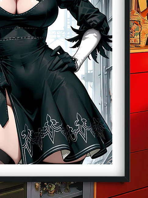 "Gallery view of premium NieR Automata 2B Baroque art, highlighting dramatic details, intricate textures, and its unique classical sci-fi aesthetic."