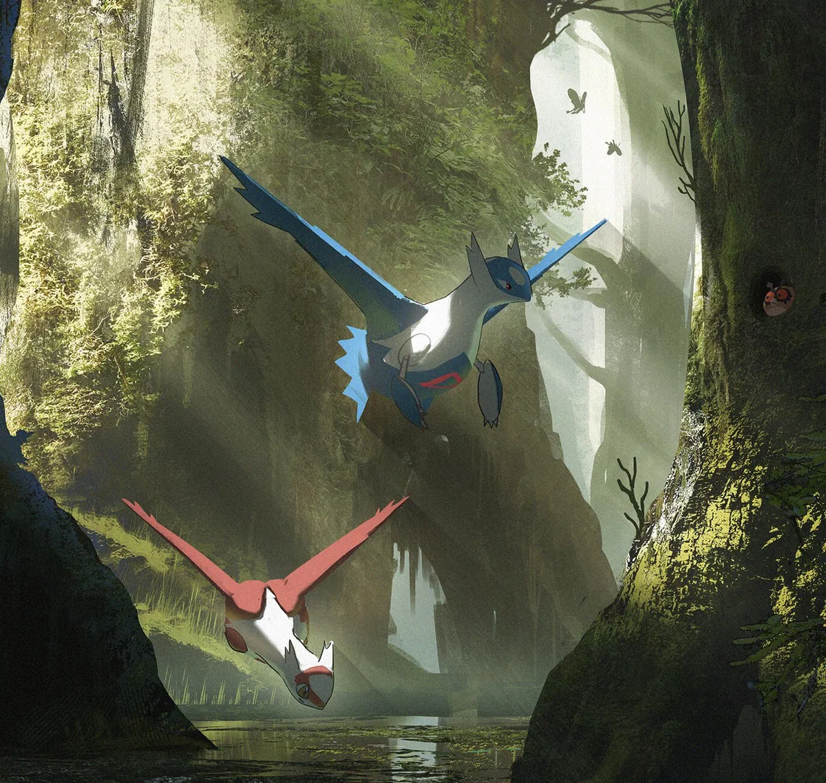 "Detailed view of the vibrant Latios and Latias giclée art print, showcasing its dynamic flight. This limited edition Pokémon painting by H-TWO Studio."