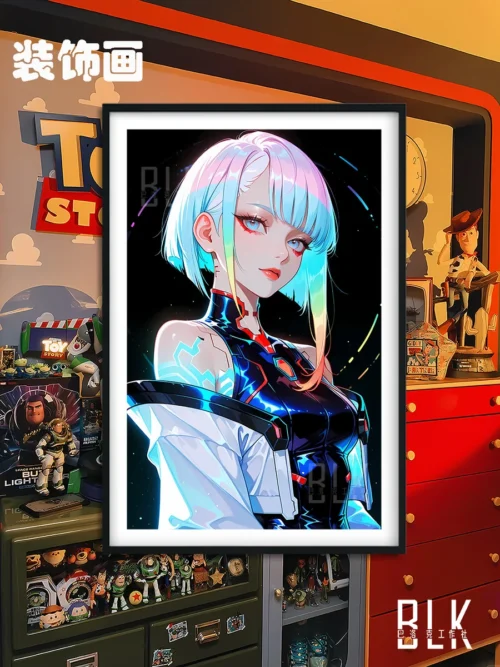 "Premium Cyberpunk Edgerunners Lucy decorative painting. Vibrant neon cyberpunk aesthetic fused with classical Baroque elegance, creating stunning."