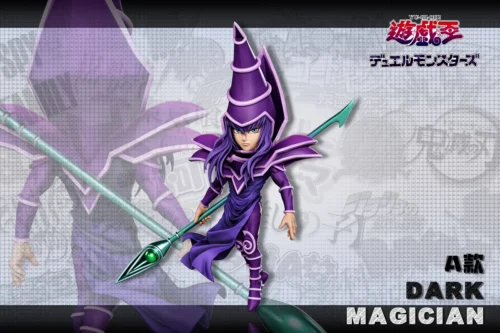 "Gallery views of the iconic Dark Magician Yu-Gi-Oh! statue in original and electroplated versions, highlighting its dynamic pose and intricate sculpt."