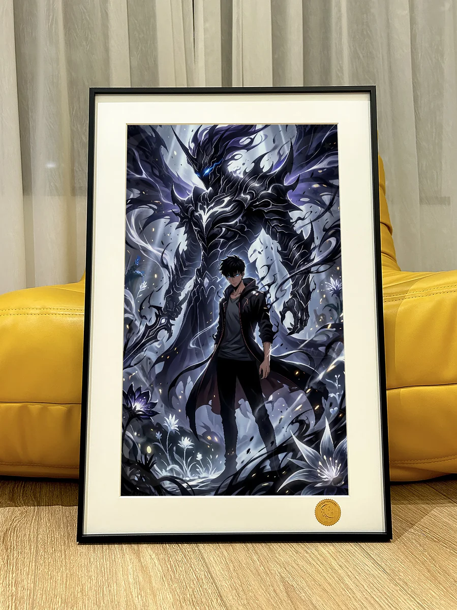 "Stunning Limited Edition Solo Leveling print showcasing Shadow Monarch Sung Jinwoo in a dark fantasy cosmic expanse. A premium hand-numbered fine art."