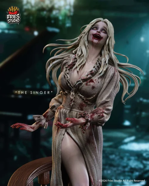 "Ultra-rare 1/3 scale Resident Evil Singer Zombie statue. Gallery highlights terrifying details, grotesque textures, and macabre stage presence."
