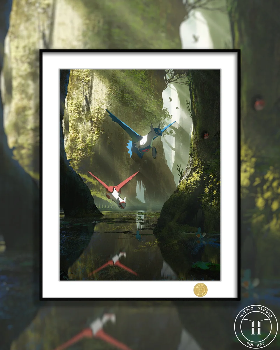 "Limited edition Latios Latias Pokémon giclée art print featuring dynamic flight and vibrant colors in a modern framed decorative painting."