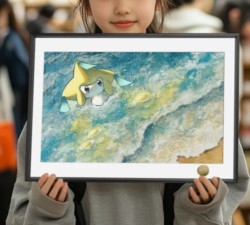"Main image of a Limited Edition Jirachi fan art decorative painting, featuring Jirachi floating whimsically amidst cosmic stardust in a dream-like."