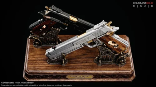 "Life-size, limited edition 1/1 Dante Ebony & Ivory Replica resin statue, showcasing iconic Devil May Cry pistols and intricate details."