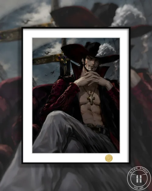 "Premium limited edition Dracule Mihawk One Piece framed art print, showcasing the iconic character in a dynamic pose, perfect for collectors."