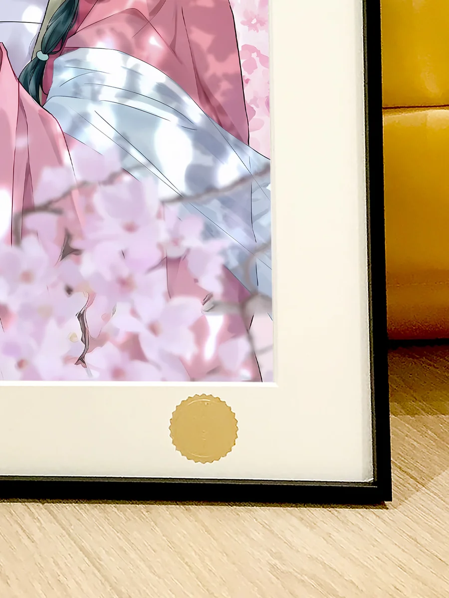 "Close-up details of the Limited Edition The Apothecary Diaries art print, showcasing Maomao, Jinshi, and Gyokuyoufei with ethereal starry night."