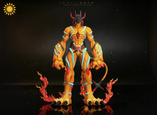"Multiple dynamic views of the premium Agumon & Gabumon Bond Digimon Adventure resin statue, showcasing intricate sculpting and elemental effects from."