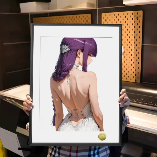 "Limited edition Frieren painting showcasing her iconic back profile from Beyond Journey's End, elegantly framed premium fan art."