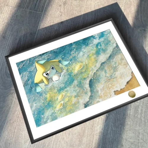 "Limited Edition Jirachi Fan Art Decorative Painting, revealing whimsical cosmic stardust and celestial details. Premium Pokémon artwork by Huang Gua."