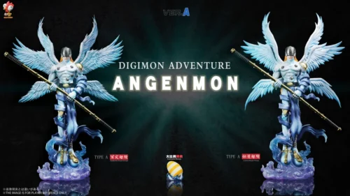 "Limited Edition Angemon Digimon Adventure Statue. Dynamic angelic warrior, majestic wings, intricate sculpted details shown from multiple angles."