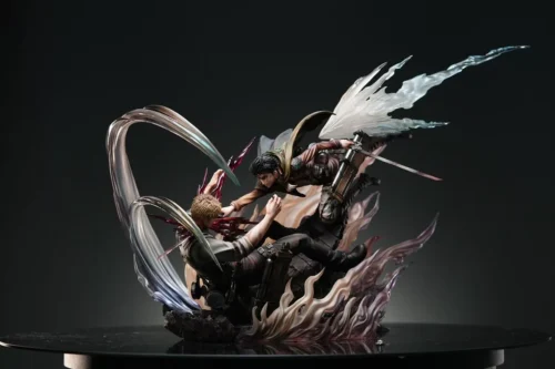 "Dynamic 1/6 scale Levi vs Reiner (Armored Titan) Attack on Titan statue, a premium limited edition, detailed from multiple angles."