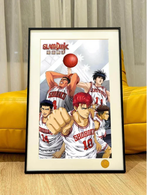 "Iconic Slam Dunk Shohoku Five heroes shine under a vibrant starry sky in this limited edition, hand-numbered art print. A premium collectible."