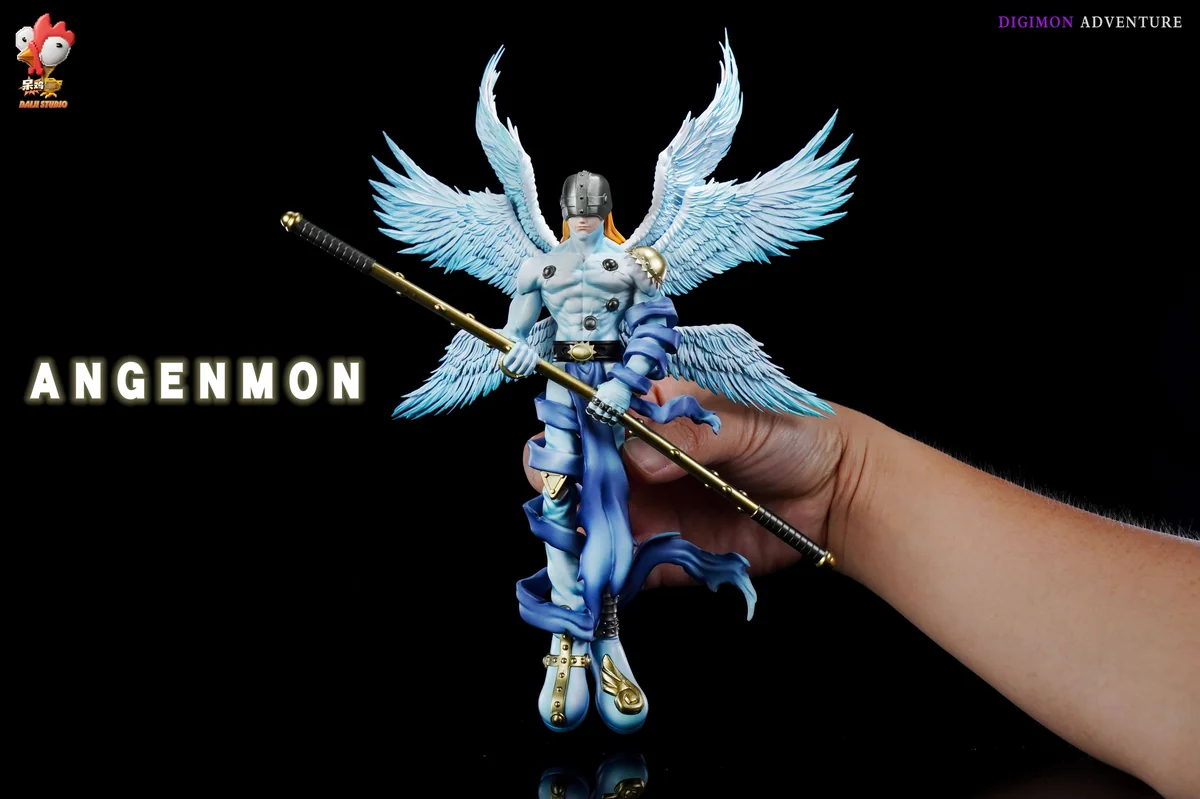 "Dynamic Limited Edition Angemon Digimon collectible statue, MH B standing pose, featuring majestic anime wings and radiating divine power."