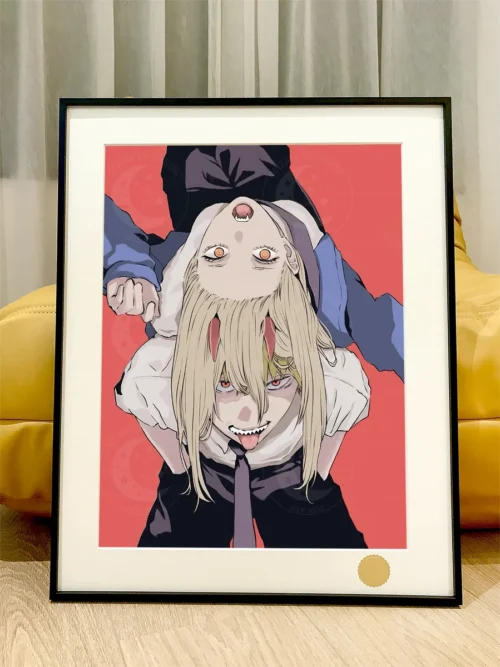 "Dynamic Chainsaw Man art print featuring Power and Denji against a vibrant starry cosmic background. A limited edition, high-fidelity decorative paint."
