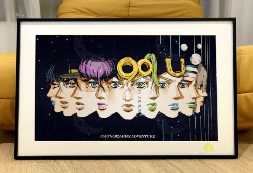 "Limited Edition Nine Jo JoJo's Bizarre Adventure print featuring iconic characters set against a vibrant cosmic starry night. Premium wall art from."