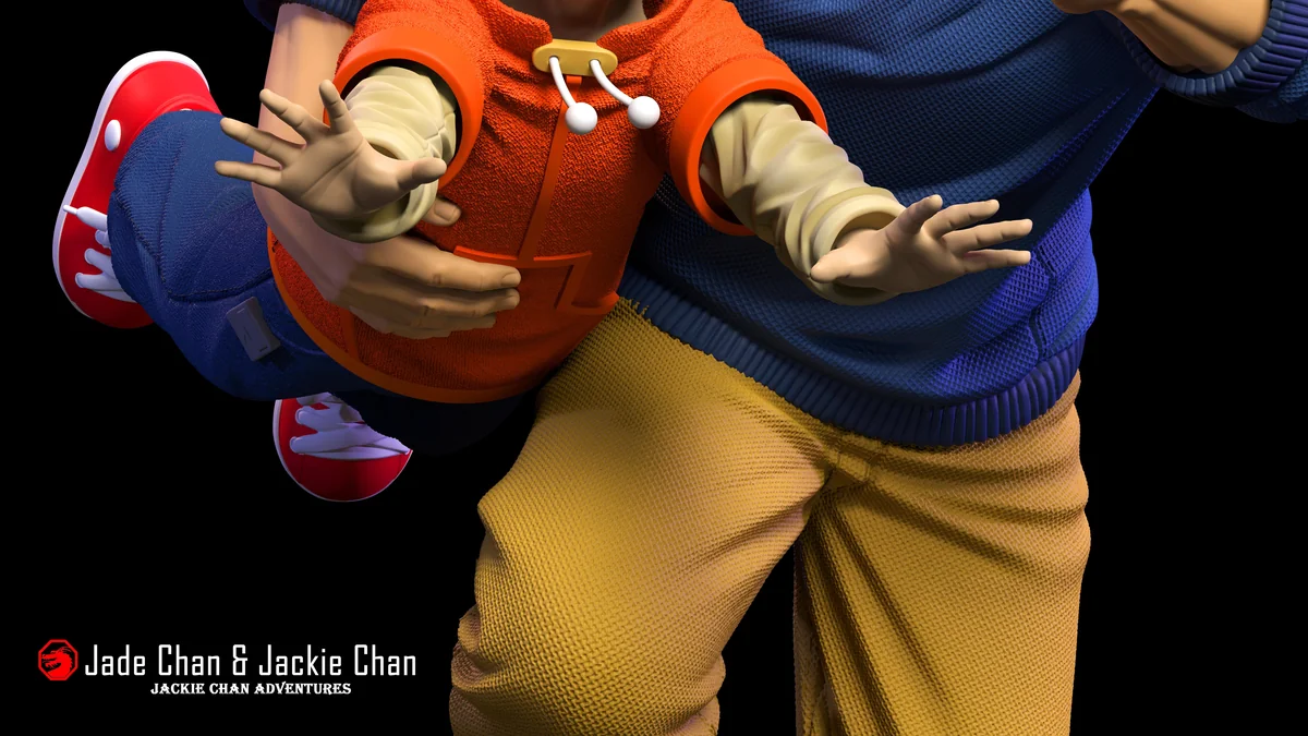 "Jackie Chan & Jade Shendu Studio statue. Premium, extremely limited. Detailed sculpts, interchangeable parts, iconic scene."