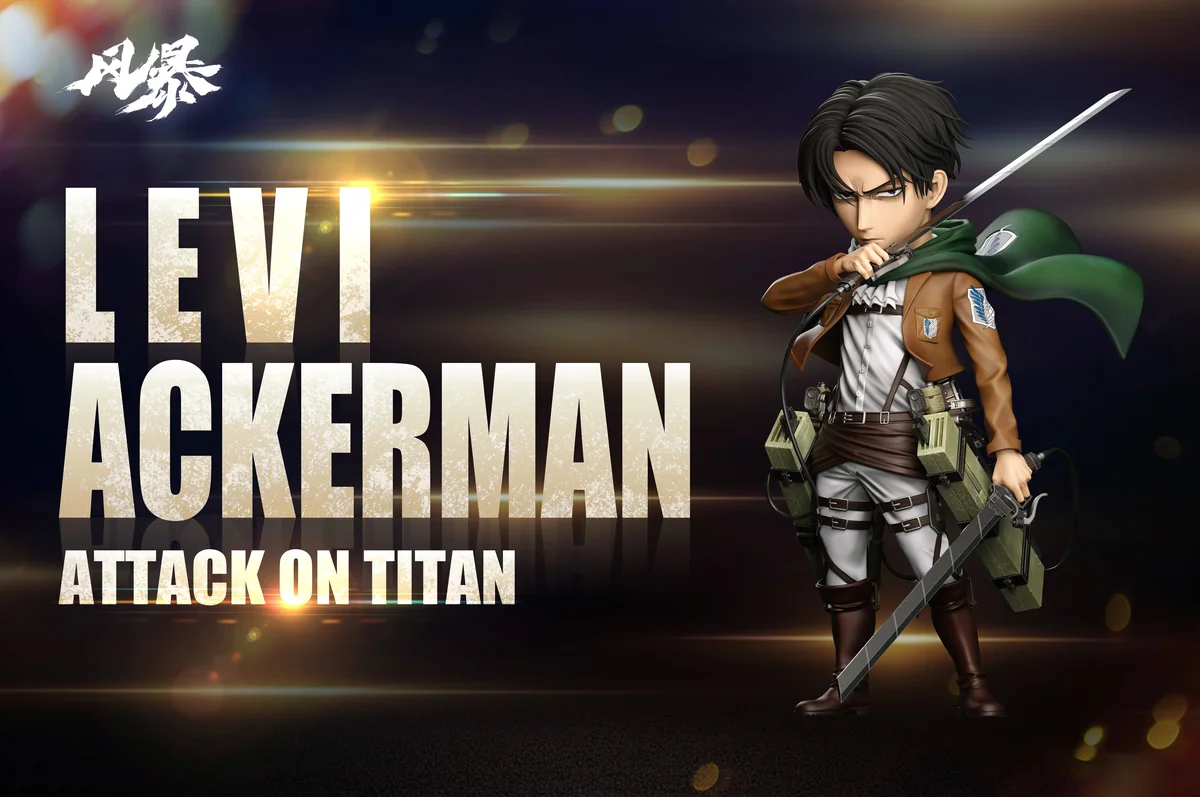 "Detailed views of the dynamic Levi Ackerman Attack on Titan statue by Storm Studio. Premium resin figure and elemental diorama."