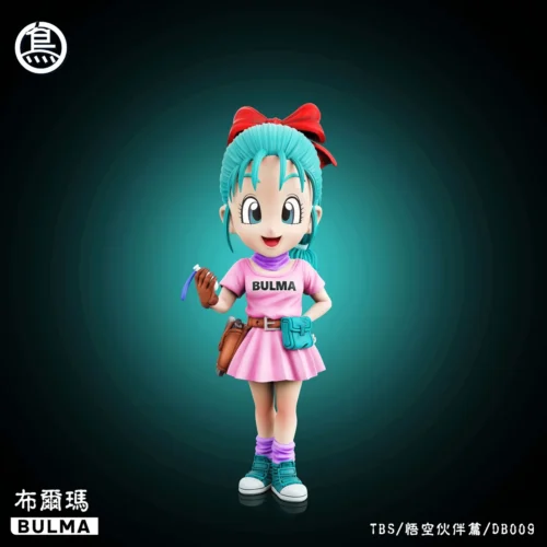 "Playful Chibi Bulma Dragon Ball mini-figure by ToyBirds Studio, showcasing vibrant colors and nostalgic sculpted details from various angles."