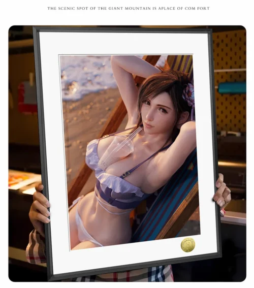 "Detailed artistic views of the vibrant, limited edition Final Fantasy VII tifa swimsuit fan art print, highlighting dynamic pose and summer beach."