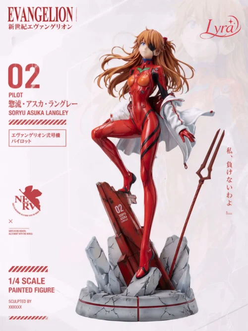 "Iconic 1/4 scale Asuka Shikinami Evangelion resin statue in a dynamic plugsuit pose, vibrant colors highlighting her fierce determination on a detail."
