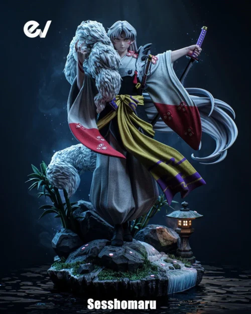 "Premium Limited Edition Sesshomaru Inuyasha resin statue featuring a dynamic pose, ethereal landscape, and dramatic LED lighting."