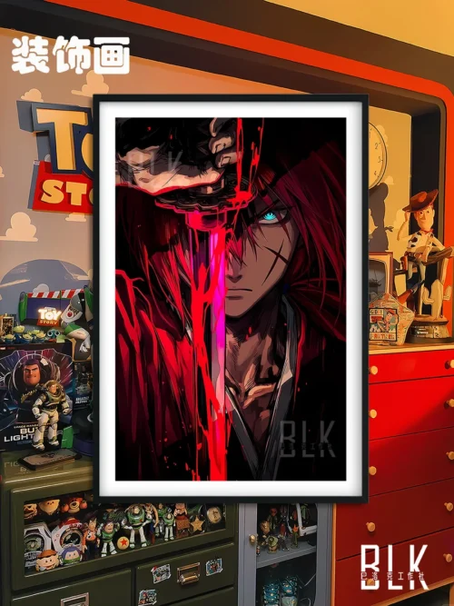 "Intense blood-red Kenshin painting, dramatically rendered in ornate Baroque style. This Rurouni Kenshin wall art is a striking decorative piece."