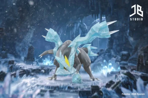"View the premium 1/20 Kyurem Pokemon Resin Statue from multiple angles, highlighting its intricate ice-infused legendary details and dynamic LED."