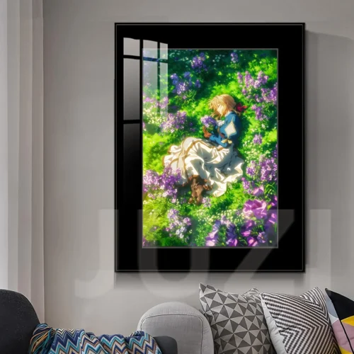 "Close-up of the Violet Evergarden Art Print. Serene character and vibrant flowers reveal exquisite detail, fade-proof HD print, and rich."