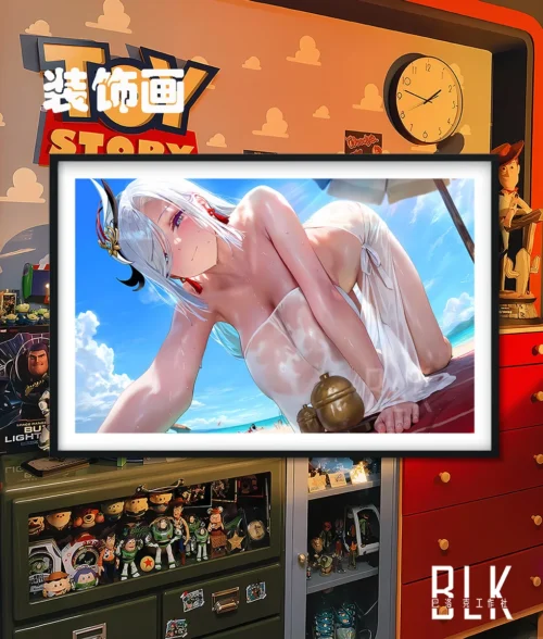 "Premium Genshin Shenhe Art Print: Vibrant Genshin Impact Shenhe beach scene decorative painting, high-definition anime art with a modern frame."